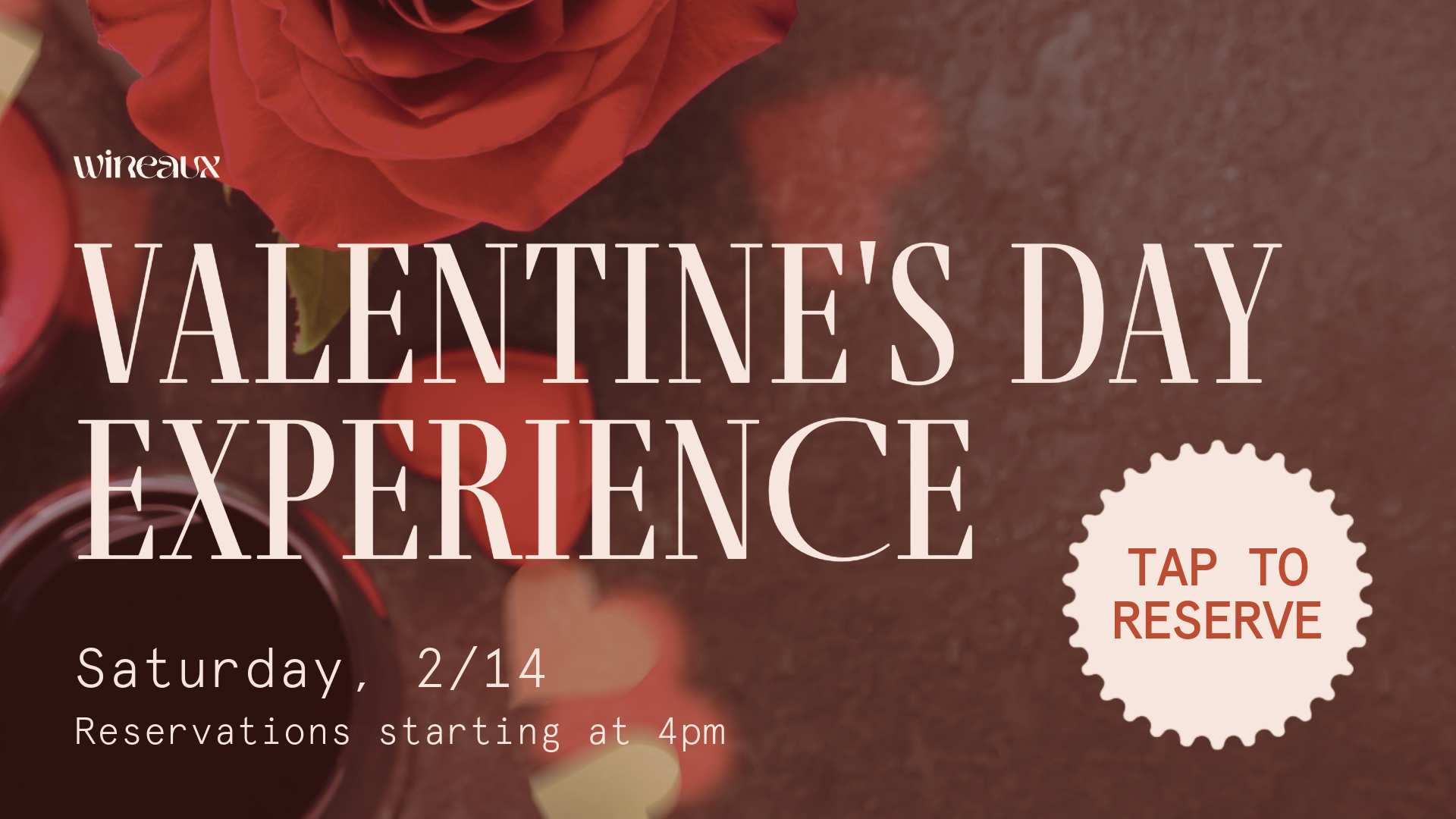 A Valentine’s Day promotional graphic with a red rose and hearts, stating: 