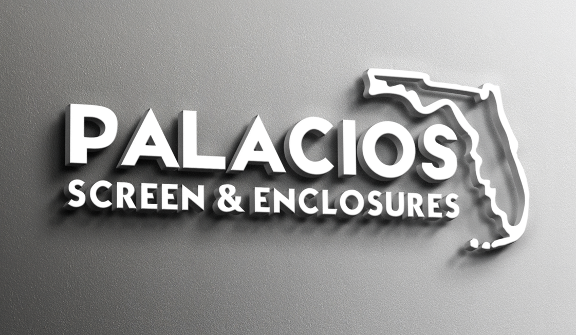 A black and white logo for palacios screen and enclosures