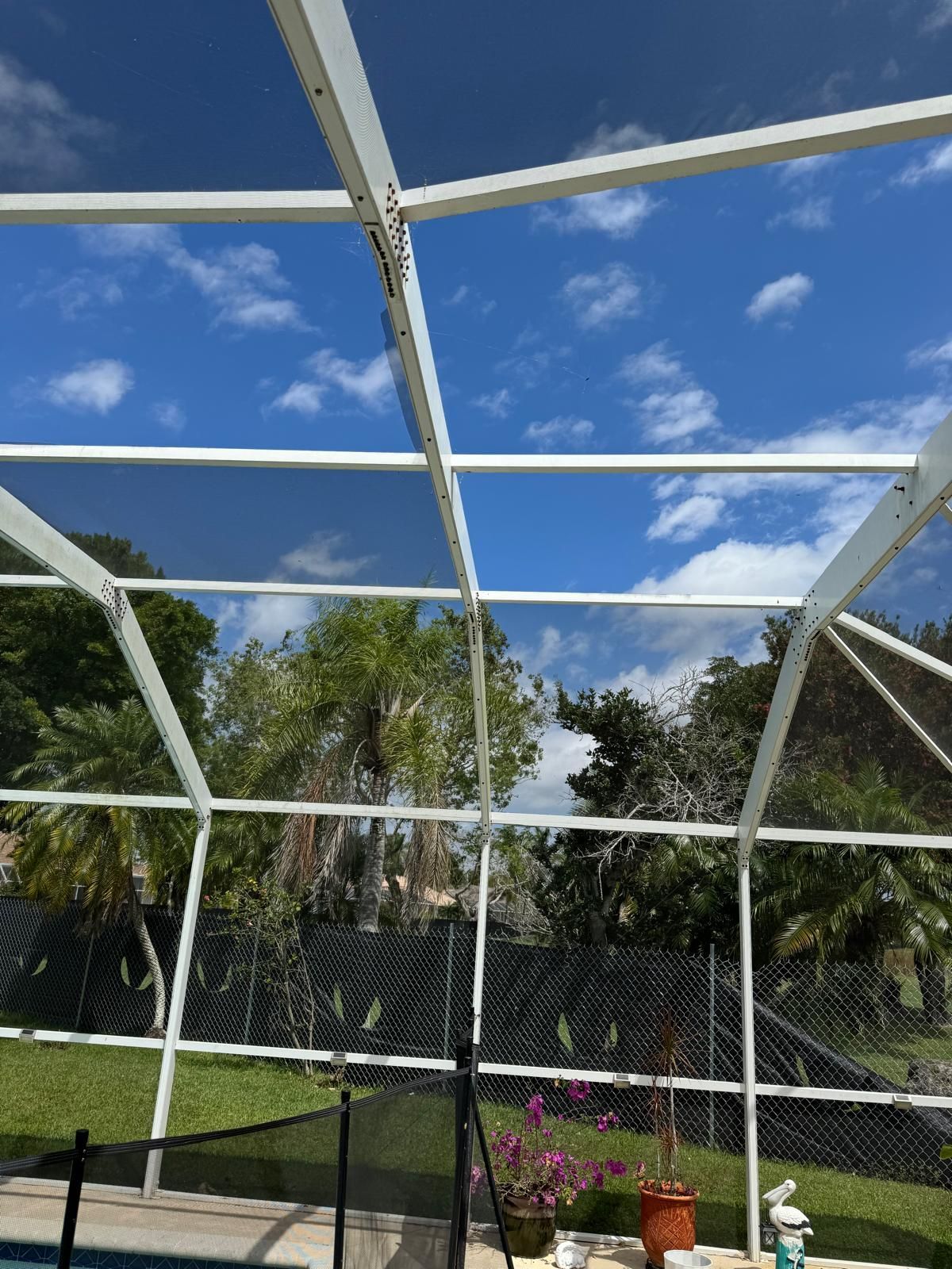 A swimming pool with a screened in area and a blue sky in the background.