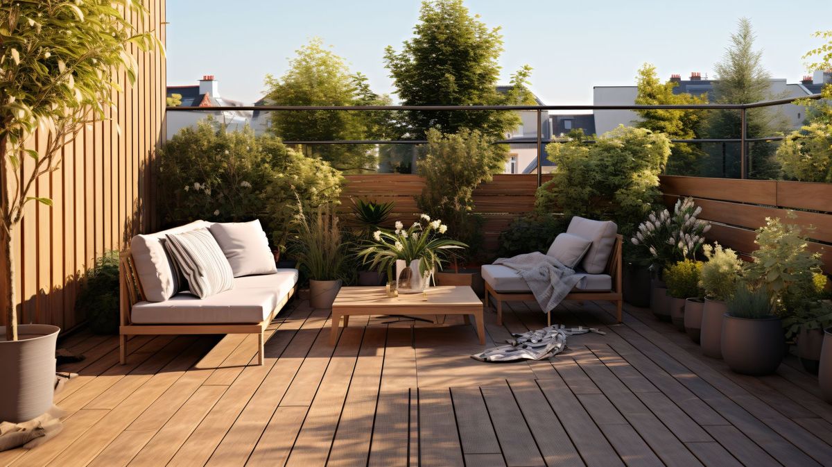 A wooden deck with a couch , chair , table and potted plants.