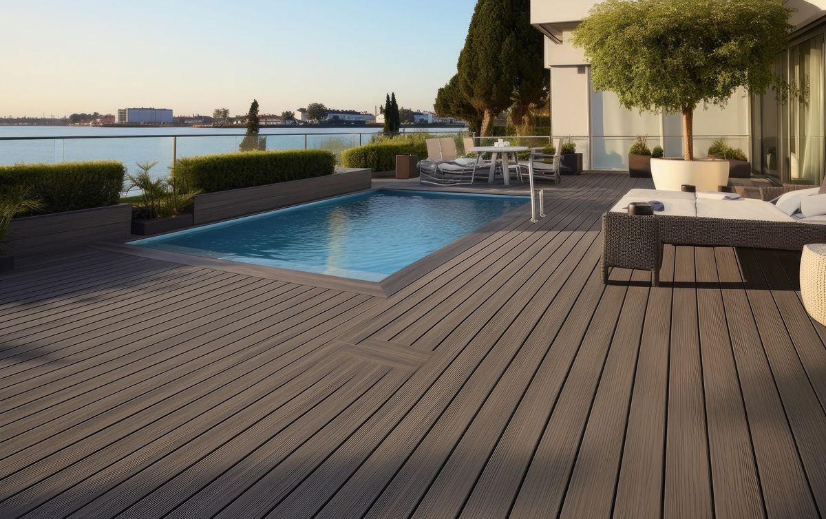 A large swimming pool is surrounded by a wooden deck