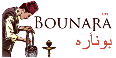 Logo featuring a man in a fez, holding a container, with "BOUNARA" and Arabic script below.