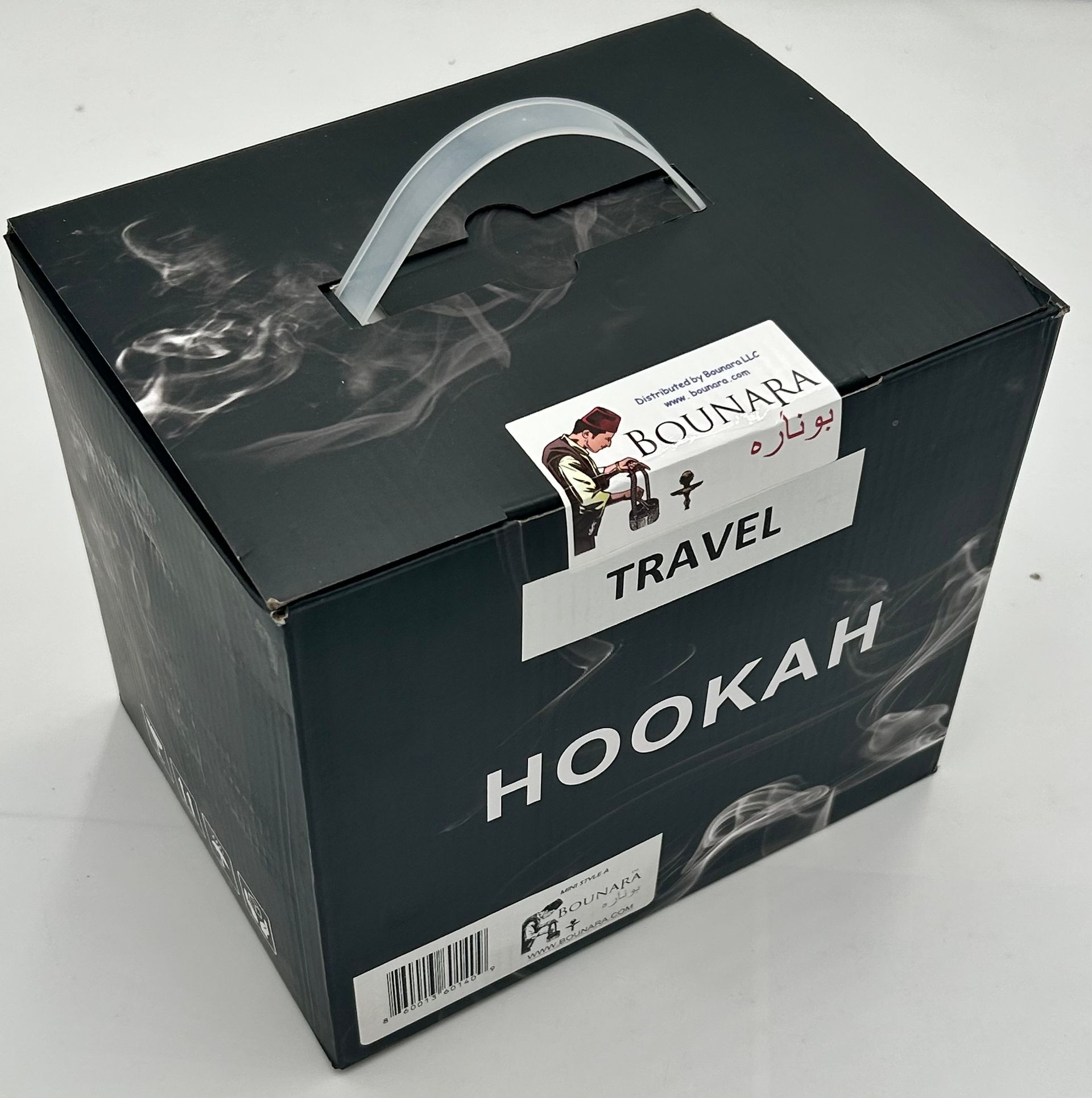 Black hookah travel box with handle, labeled “HOOKAH” and “TRAVEL” on top.