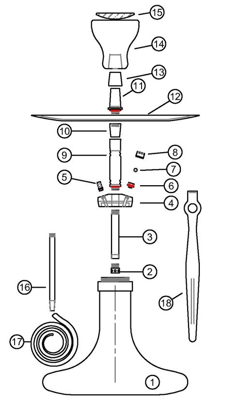 Exploded diagram of a hookah, showing all its parts labeled with numbers.