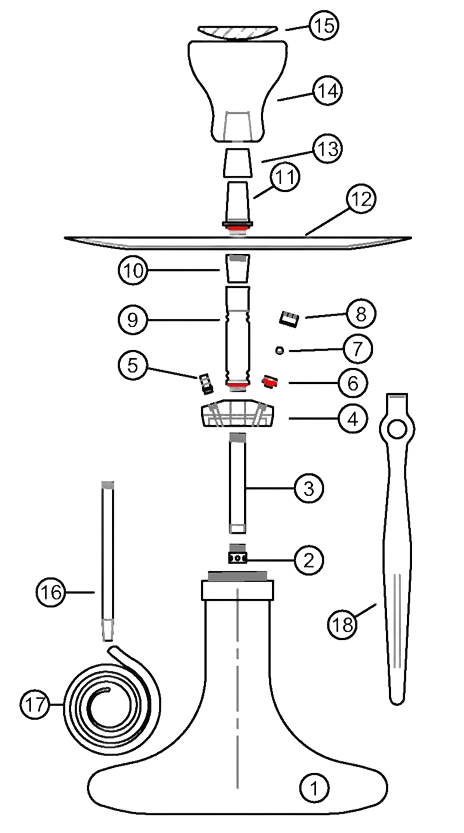 Labeled exploded diagram of a lab glass vacuum filtration setup with flask, funnel, stopper, tubing, and clamp.