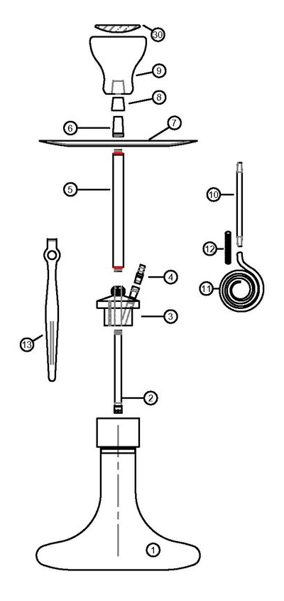Exploded diagram of a hookah, showing its component parts.
