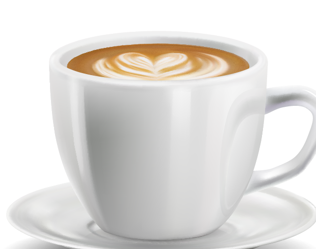 Weiße Kaffeetasse mit Latte Art auf einem Unterteller.