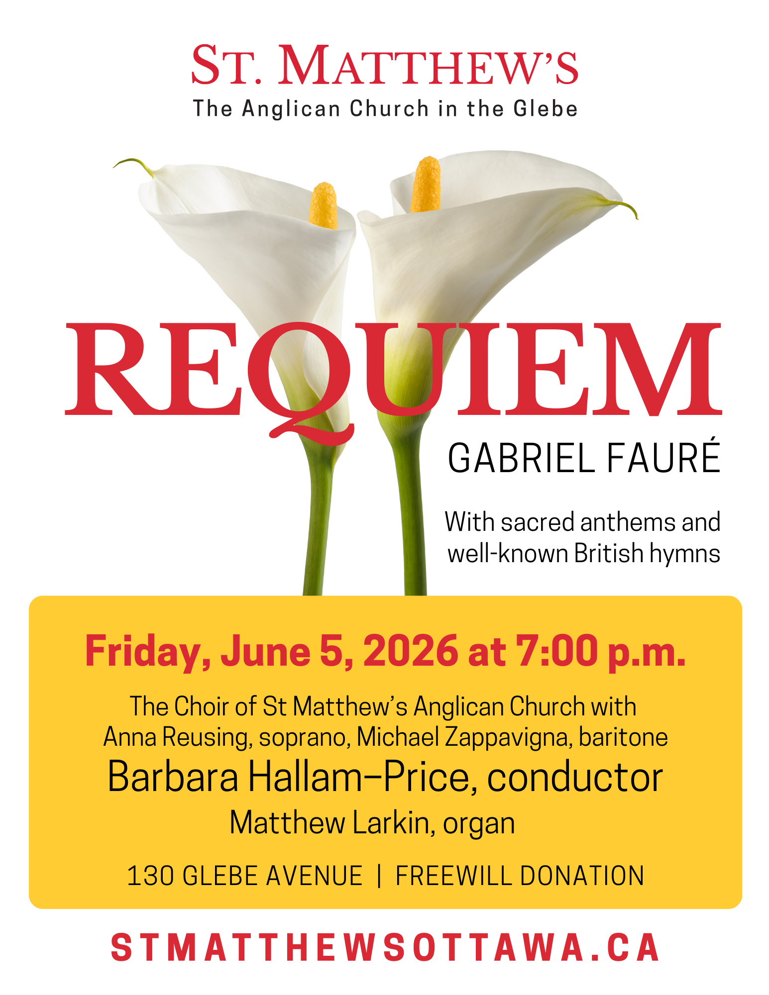 St. Matthew’s Requiem concert poster with white calla lily and event details on a yellow banner
