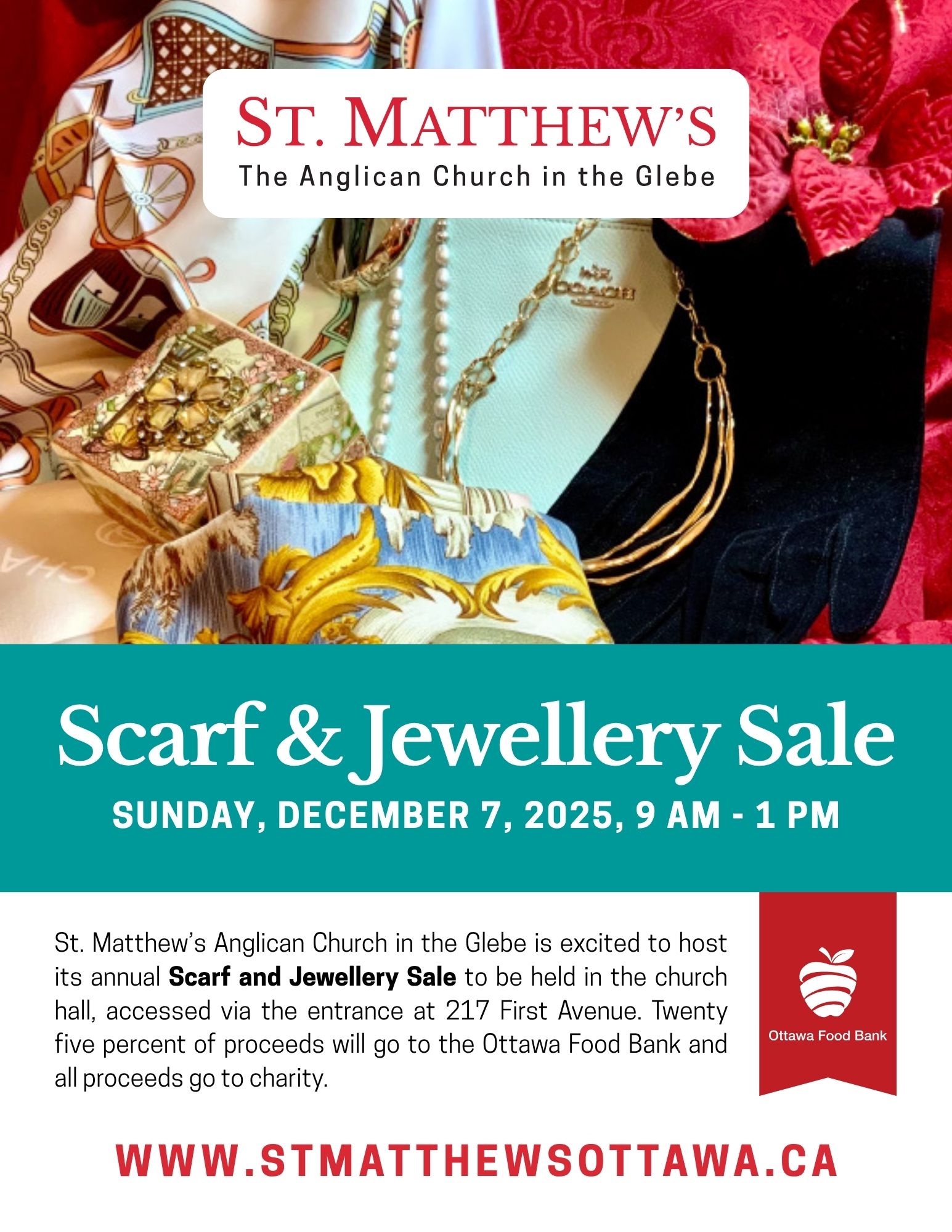 Flyer for St. Matthew's Scarf & Jewellery Sale on December 7, 2025. Teal background with accessories and logo.