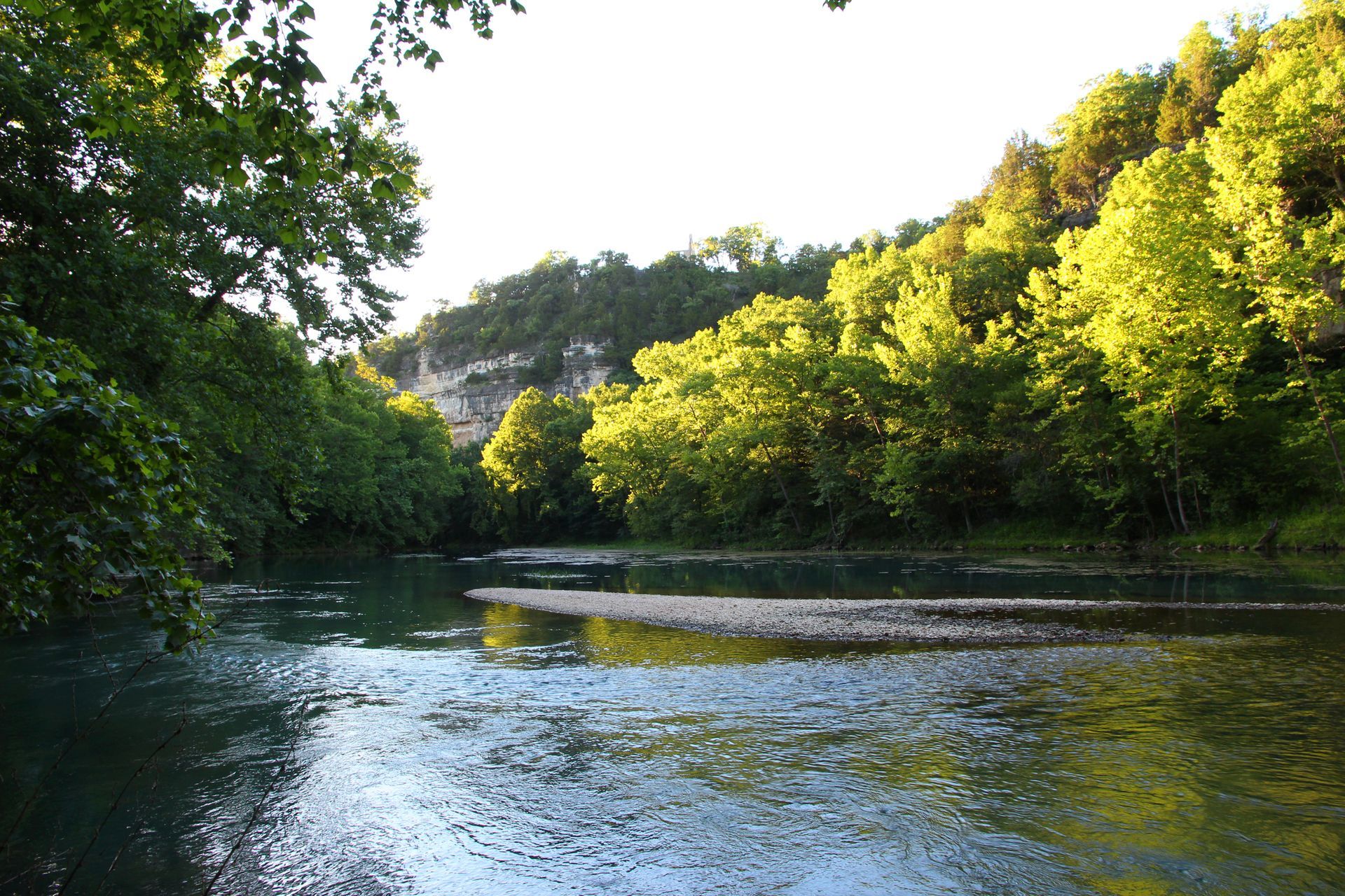 A river surrounded by trees on a sunny day.