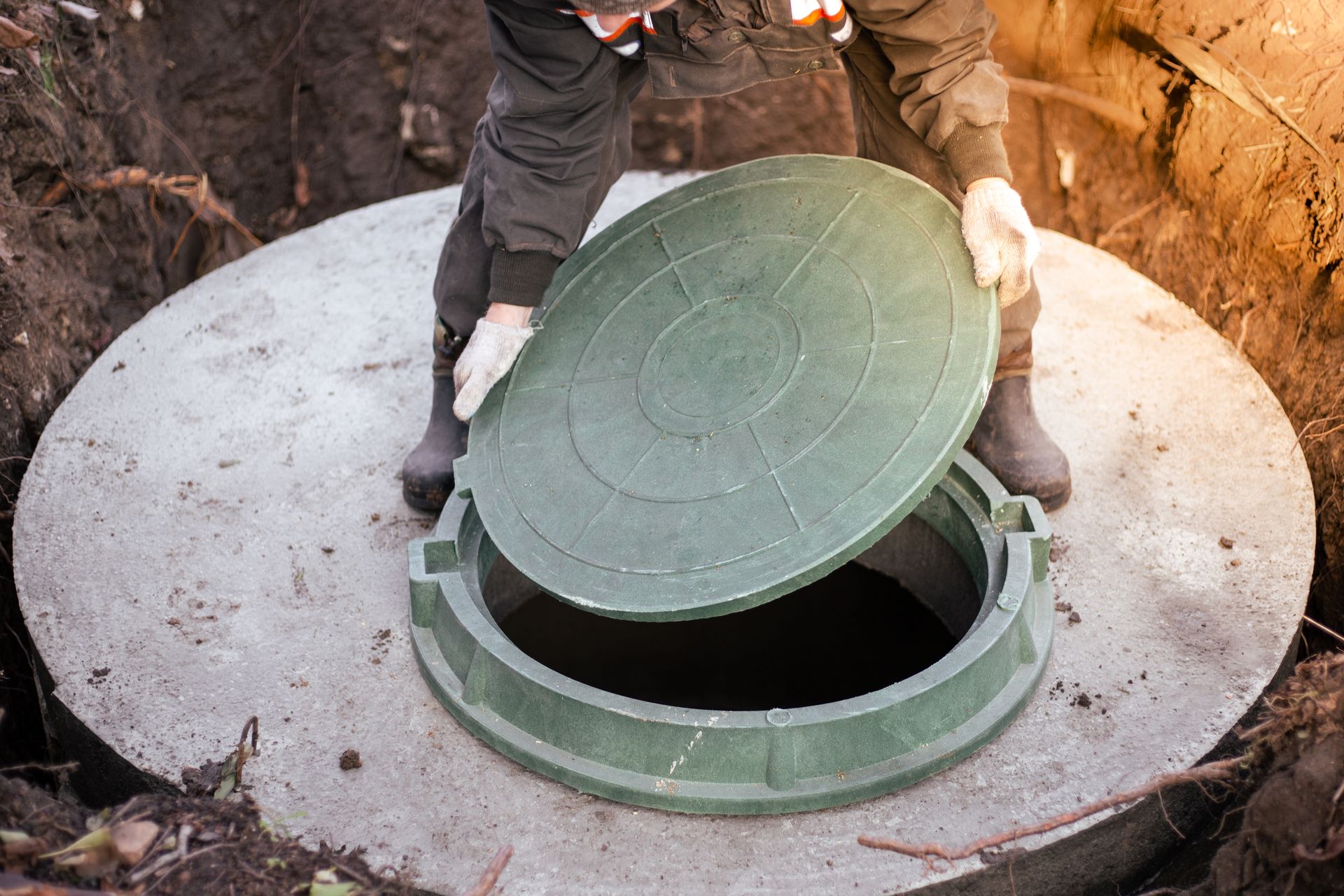 Person opening a green circular manhole cover on a concrete cover plate outdoors