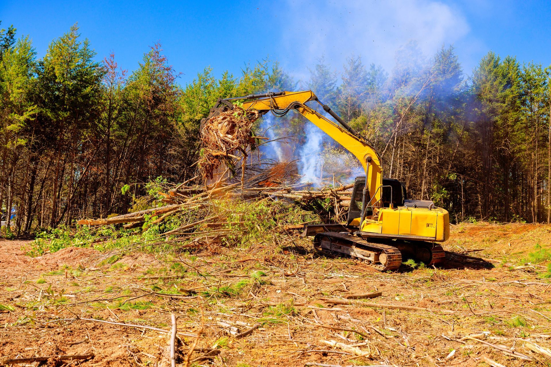 Yellow excavator clearing a forested area, with smoke and cut trees under a blue sky