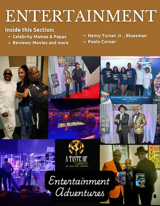 A woman in a black dress is on the cover of a magazine called a taste of entertainment.