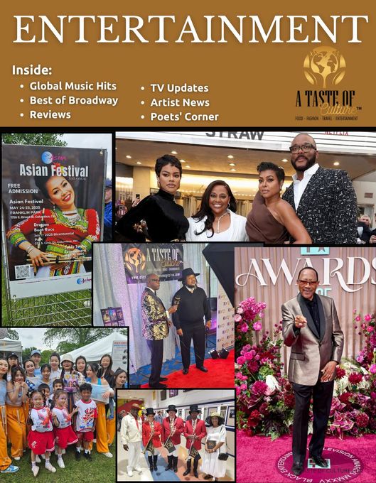 A woman in a black dress is on the cover of a magazine called a taste of entertainment.