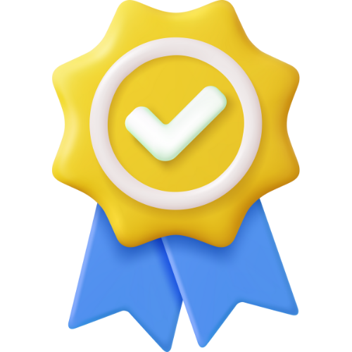 Yellow badge with white check mark and blue ribbons.