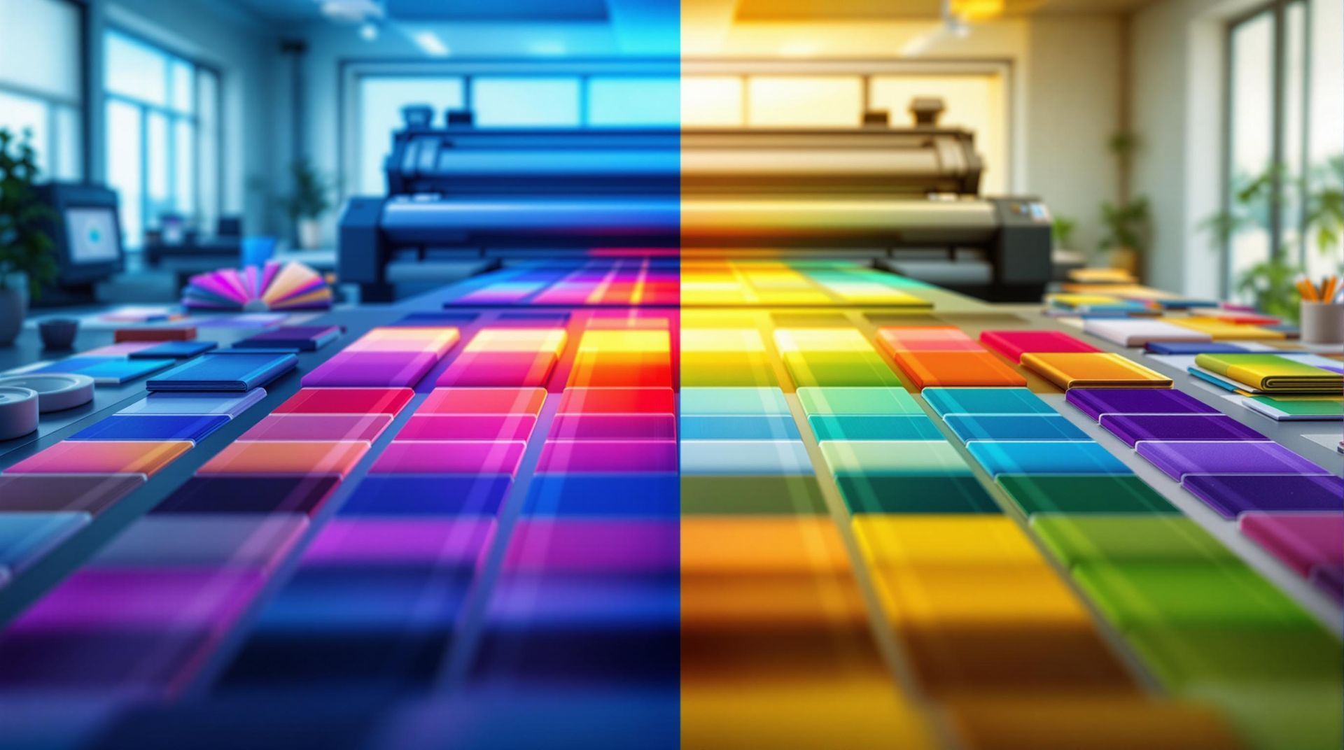 A large printing press in an office, with a split-screen effect showing cool blue tones on the left and warm gold on the right.