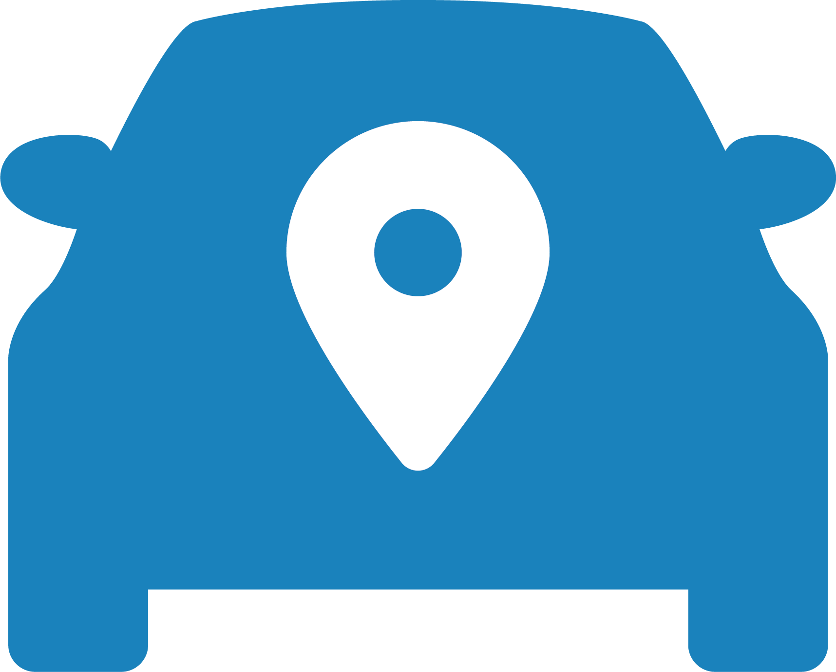 A blue car with a white pin on the front.