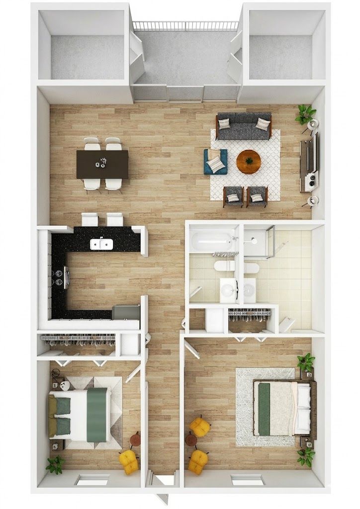 A 2D floor plan of an apartment featuring a large living area, kitchen, two bedrooms, and two bathrooms.