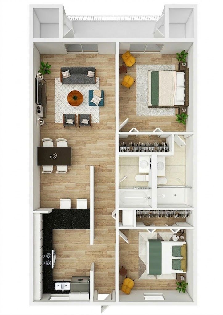 A floor plan of a rectangular residential unit showing a large living area, kitchen, bedroom, and two bathrooms.