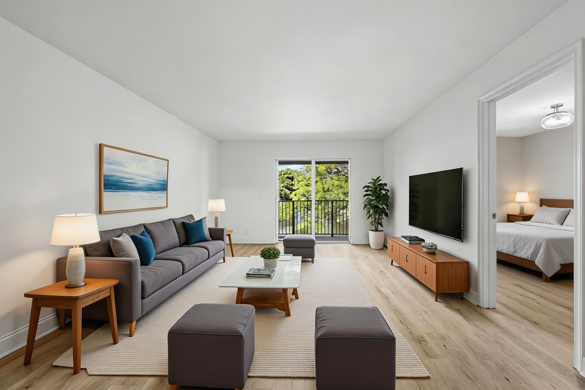 A modern living room with a gray sofa, wood coffee table, TV console, and view of trees, with a bedroom visible nearby.
