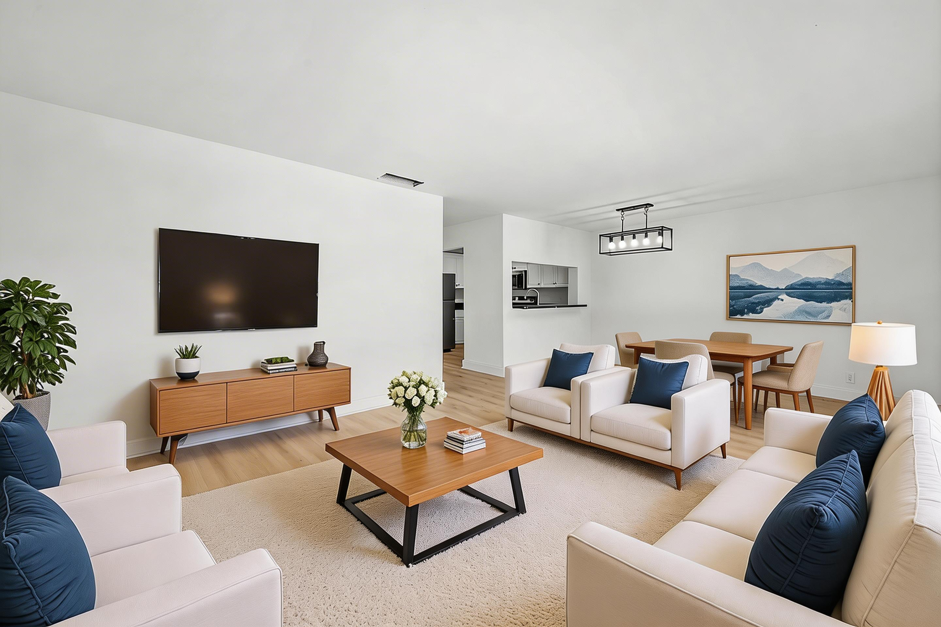 A bright, open-plan living and dining room with white walls, light wood furniture, and cream sofas with blue pillows.