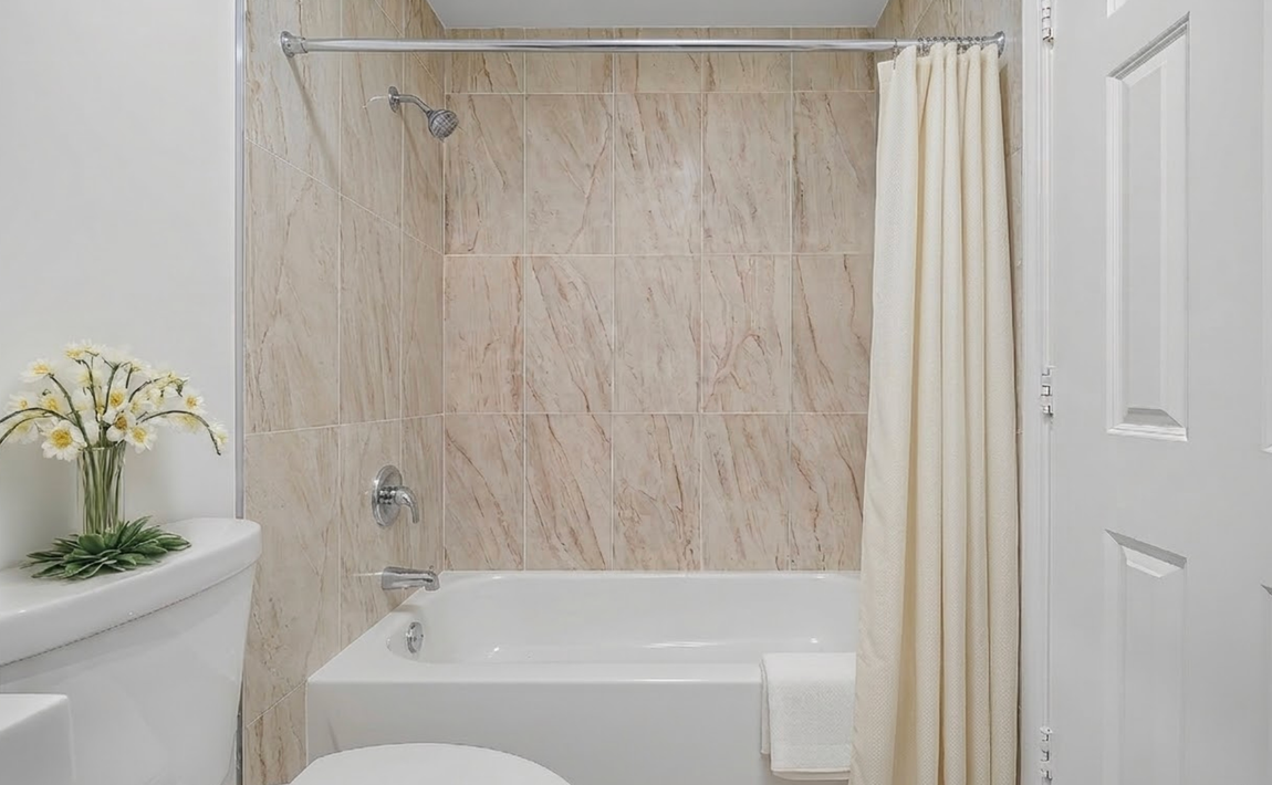A beige tiled shower and bathtub alcove with a cream curtain and a white toilet in the foreground.