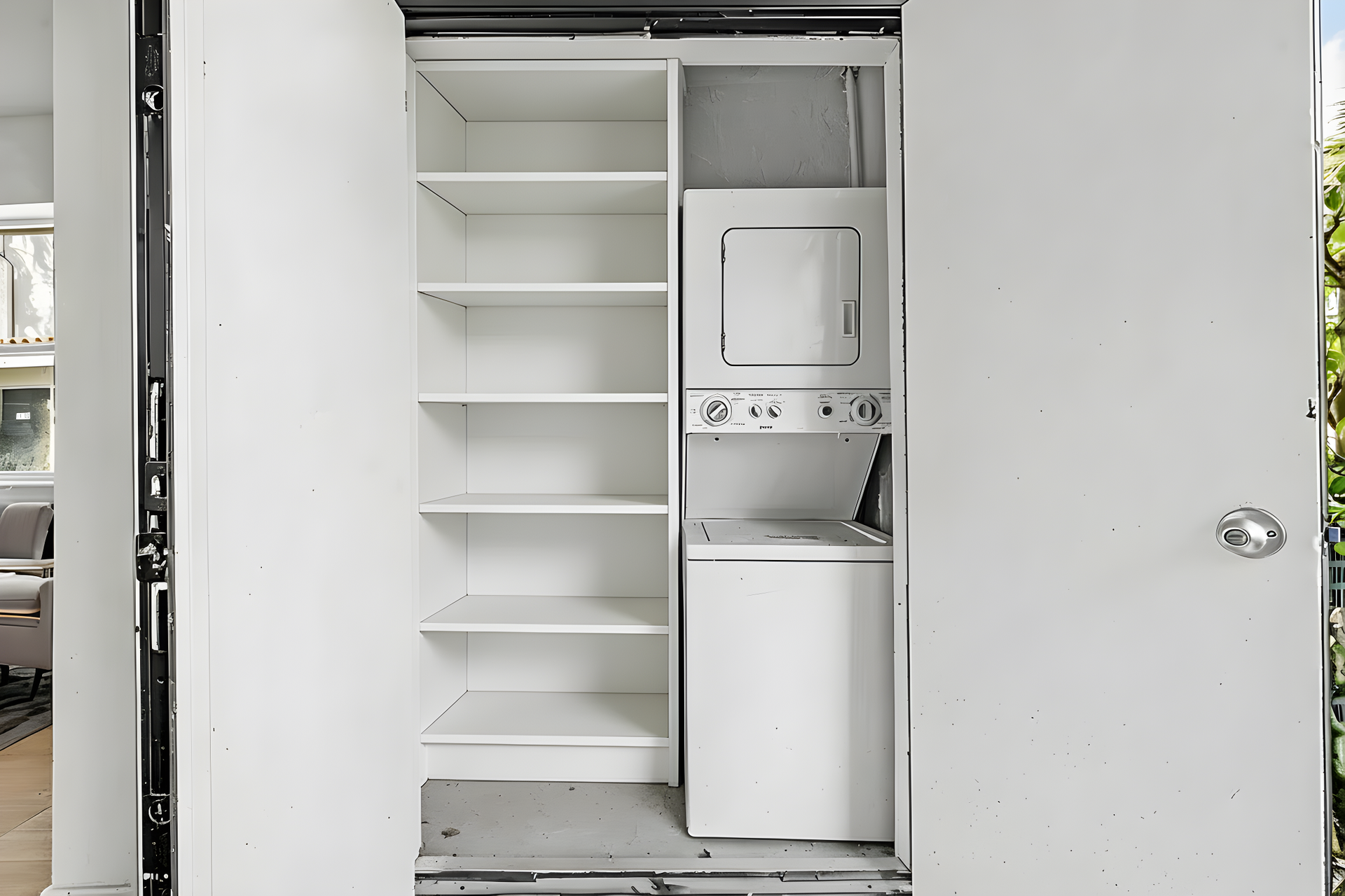 A white closet interior featuring built-in shelves next to a stacked washer and dryer unit.