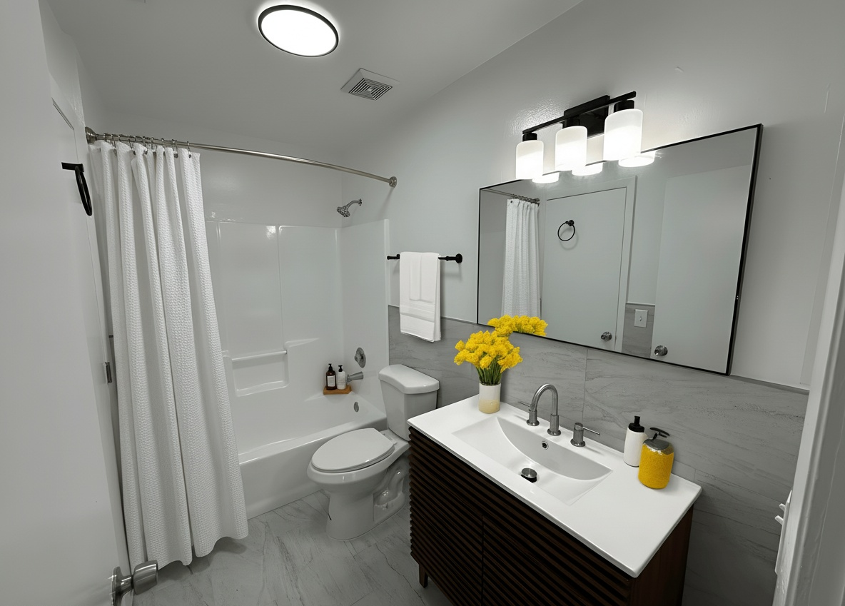 A modern bathroom with a white vanity, a grey tile backsplash, a toilet, and a bathtub with a white curtain.
