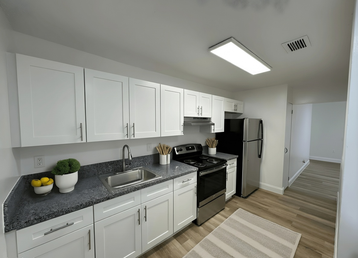 A kitchen with white cabinets, dark granite countertops, stainless steel appliances, and wood-look flooring.