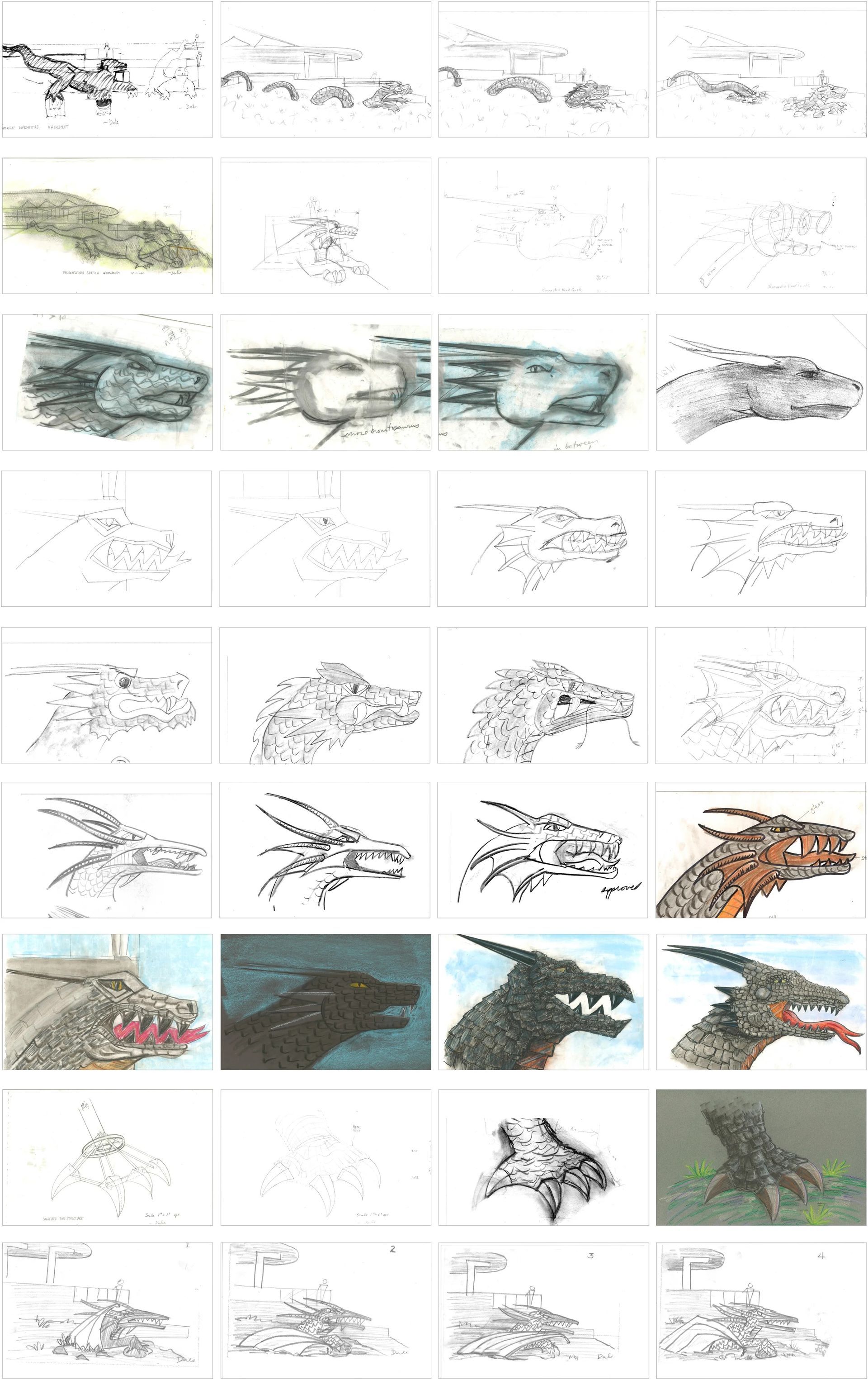 Dragon head sketches, varied styles: pencil, watercolor, black and white, and color variations.