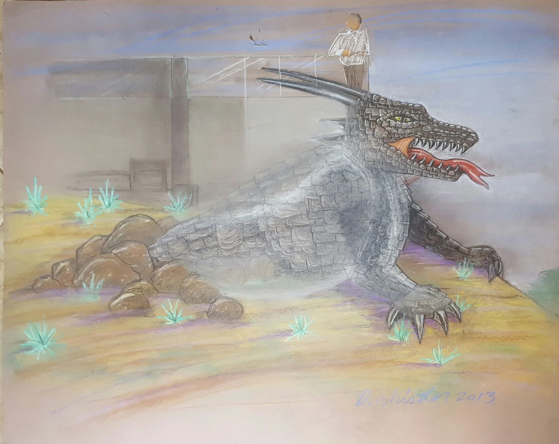 Dragon on a sandy plain with a person observing from a wall. Blue and gray hues, with glowing plants.