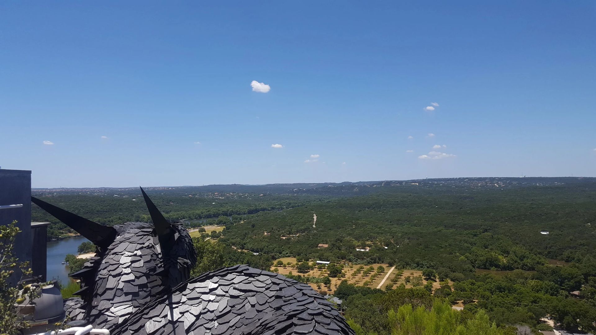View from a high vantage point overlooking a vast, green forest under a blue sky.  A large, dark sculpture is in the foreground.