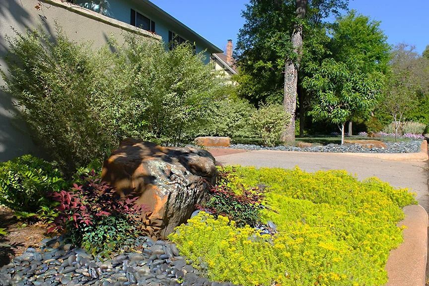 Rock in a landscaped garden with yellow, green, and red plants, next to a building and trees.