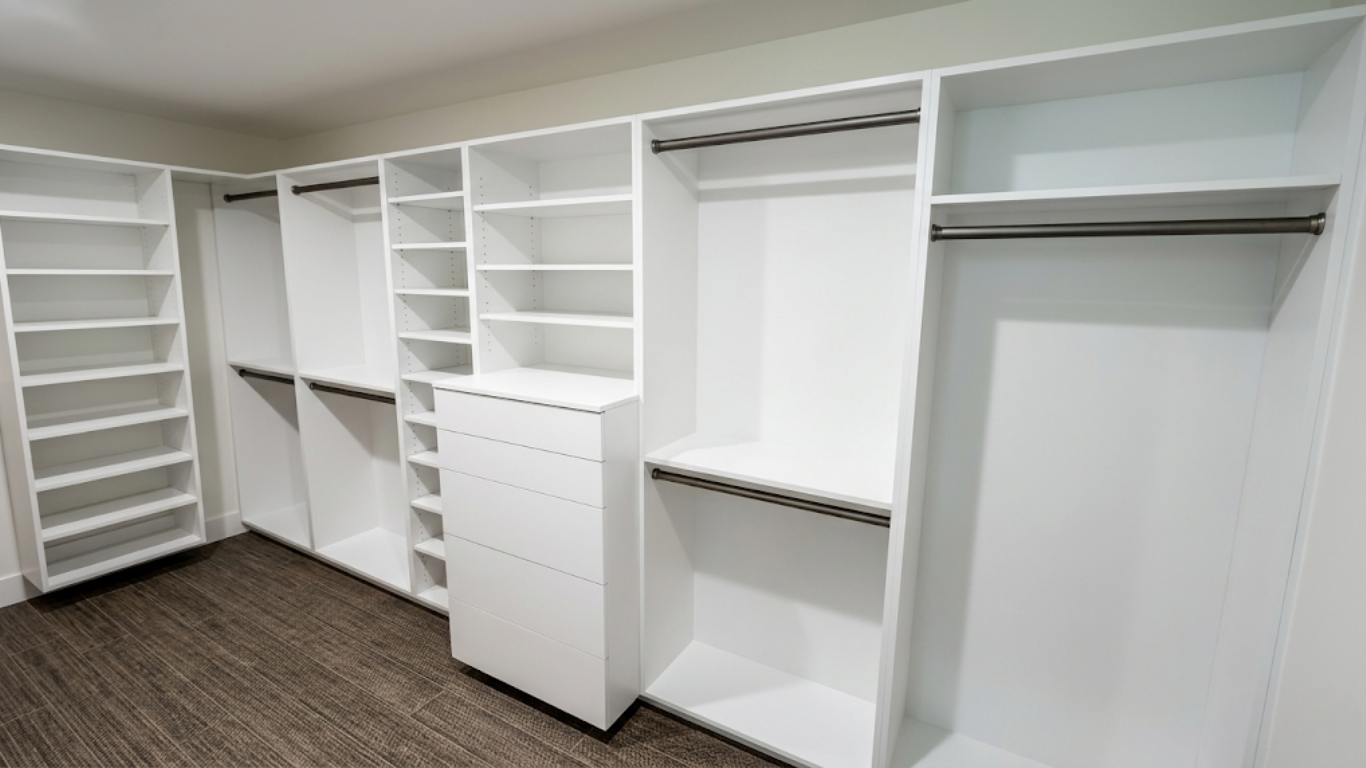 White walk-in closet with built-in shelves, drawers, and hanging rods on dark carpeted floor.