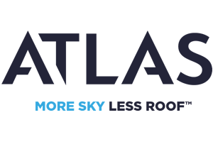 A logo for atlas more sky less roof on a white background
