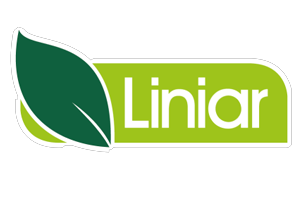 A green and white logo for liniar with a green leaf