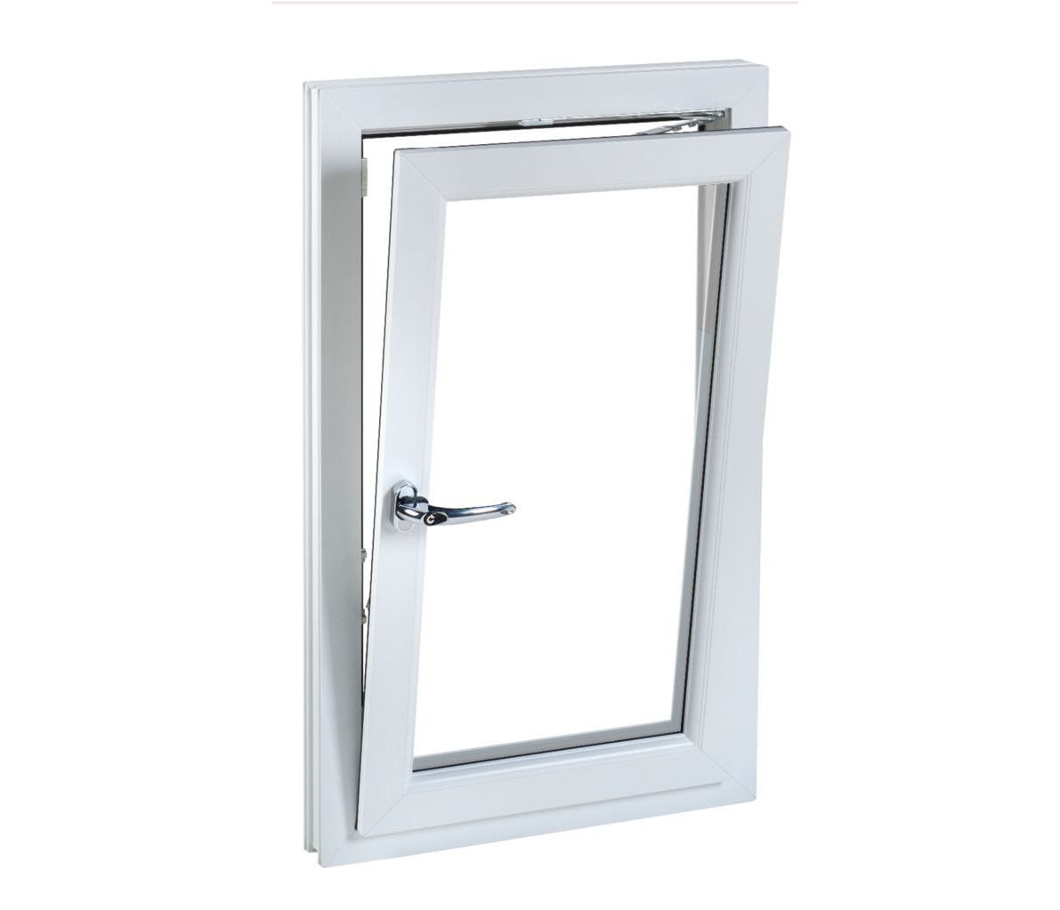 A large window with a view of a field and trees.