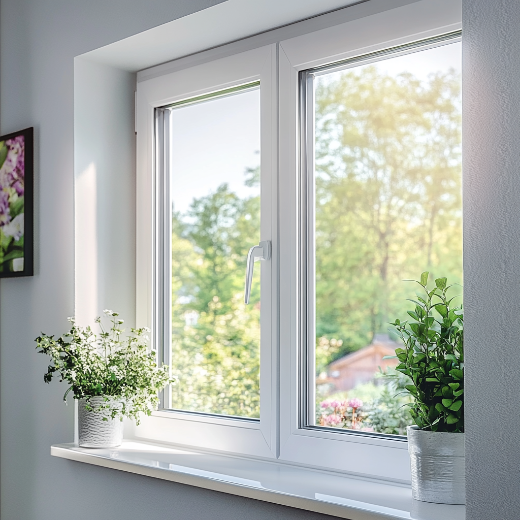 Two potted plants are sitting on a window sill next to a window.