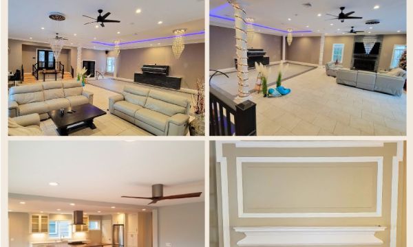 A collage of four pictures of a living room with a ceiling fan.
