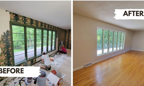 A before and after photo of a living room with a lot of windows.