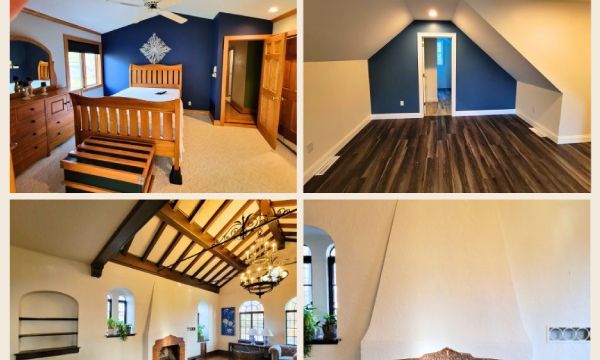 A collage of four pictures of a bedroom and a living room