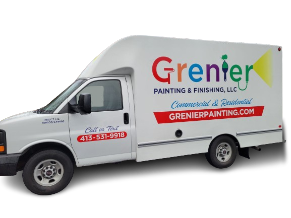 A white van that says ' grenier painting & finishing llc ' on it