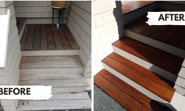 A before and after picture of a wooden staircase