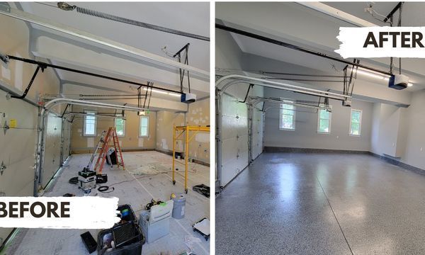 A before and after photo of a garage being remodeled.