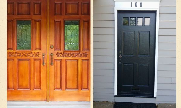 A wooden door next to a black door with the number 100 on it