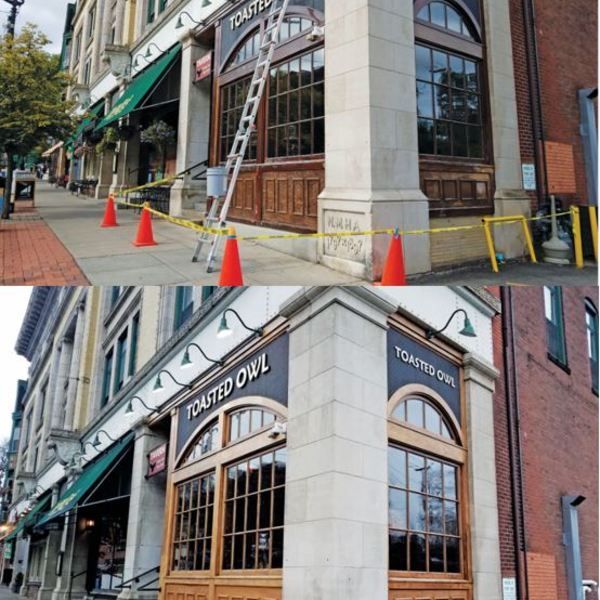 Two pictures of a toasted owl restaurant