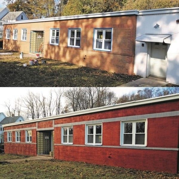 A before and after picture of a brick building