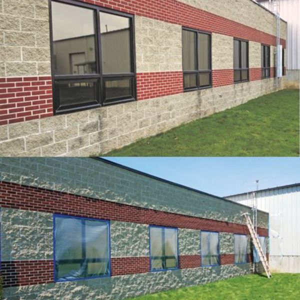 A before and after picture of a brick building