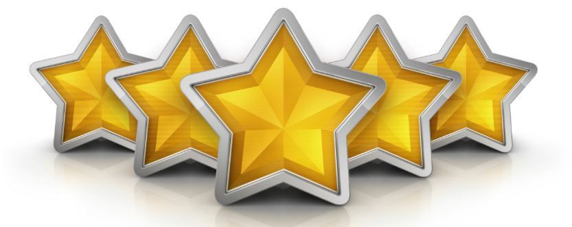 Five gold stars are stacked on top of each other on a white surface.