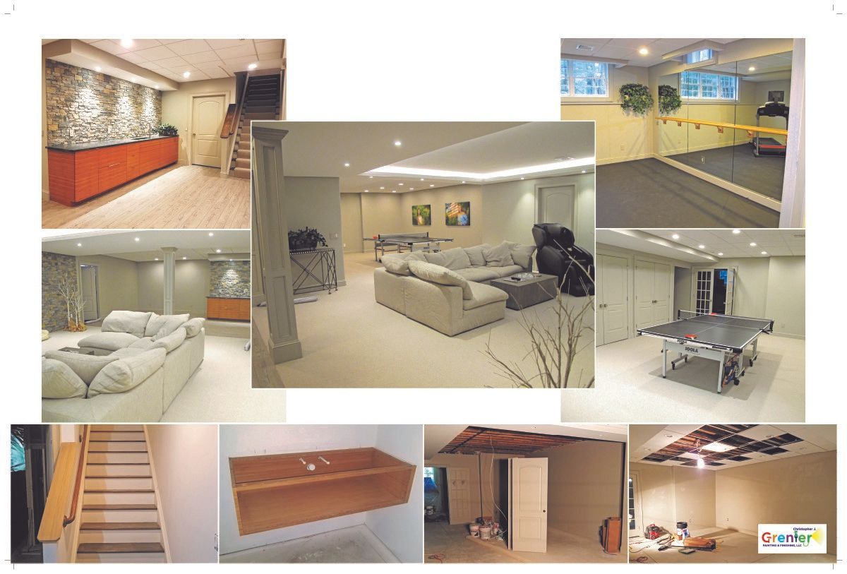 A collage of pictures of a basement with a pool table